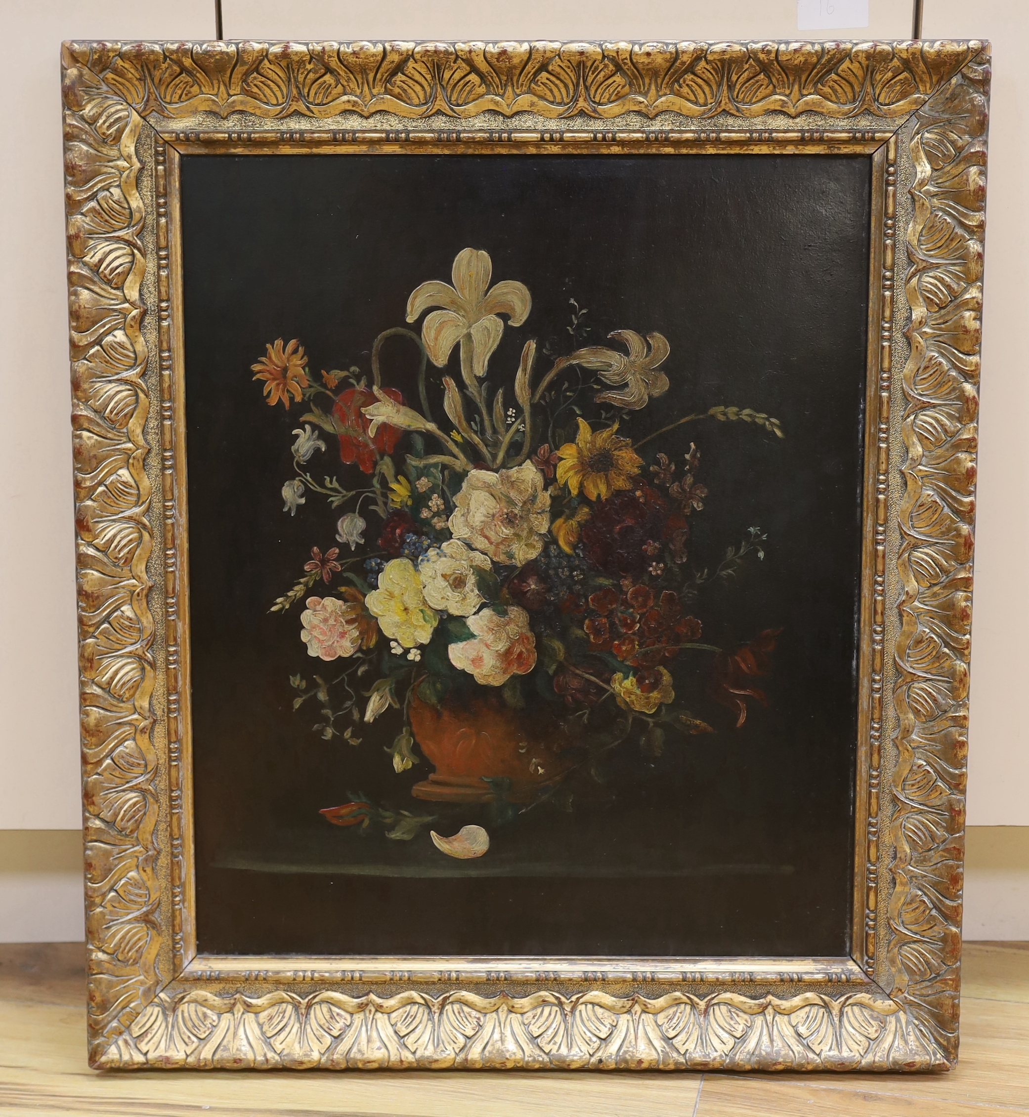 A 19th century oil on board, still life, 60 x 50 cm